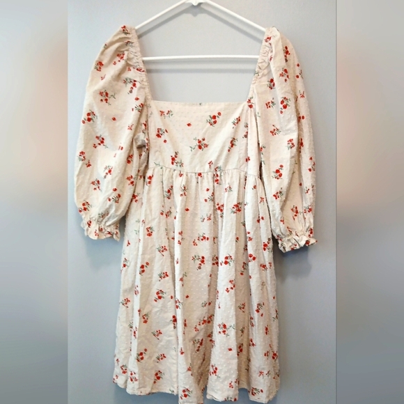 Floral Milkmaid Cottagecore Puff Sleeve Peplum Nap Dress Women's Medium - Picture 1 of 10